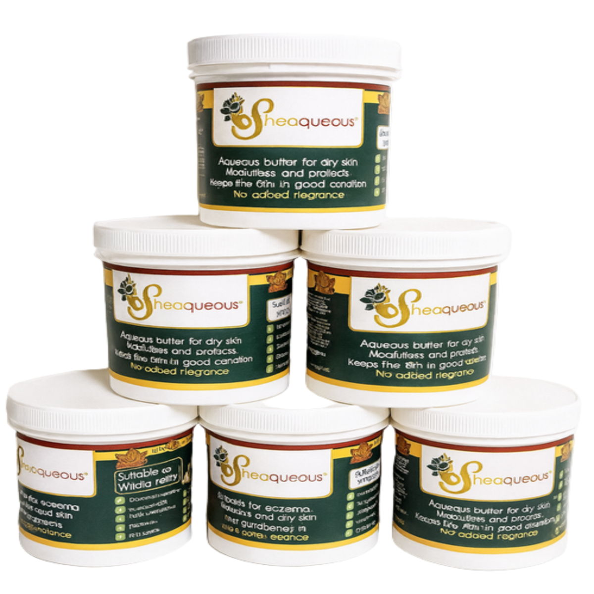 6 Pots of Sheaqueous Aqueous Cream with Organic Shea Butter, Almond Oil, cocoa butter, vitamin E. A natural aqueous cream for very dry skin, for Sensitive Skin, Children, Eczema prone skin , Use in Pregnancy for expanding tummy NO ADDED FRAGRANCE