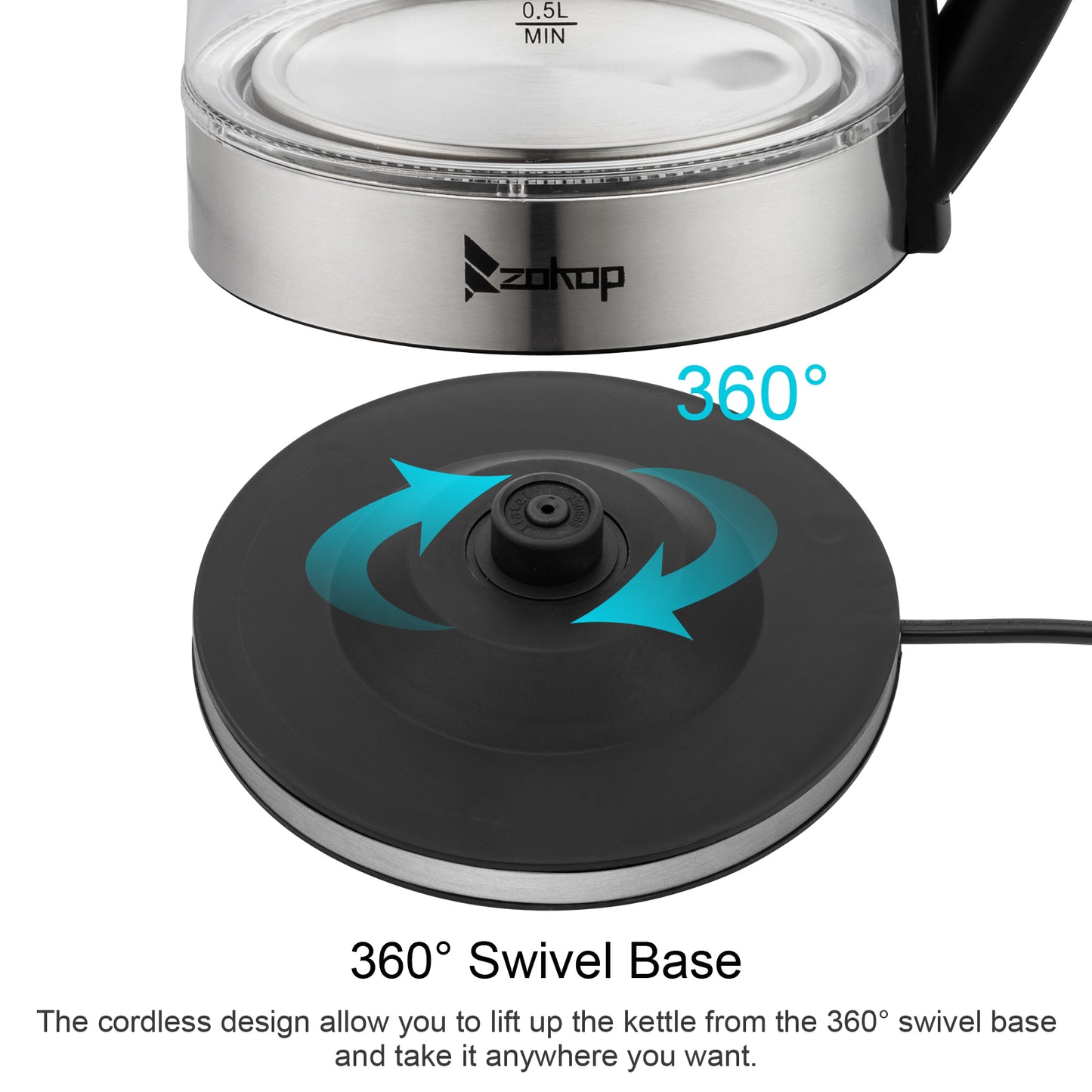 【Old Code:42128382】ZOKOP HD-250 220V 2000W 2L Blue Glass Electric Kettle