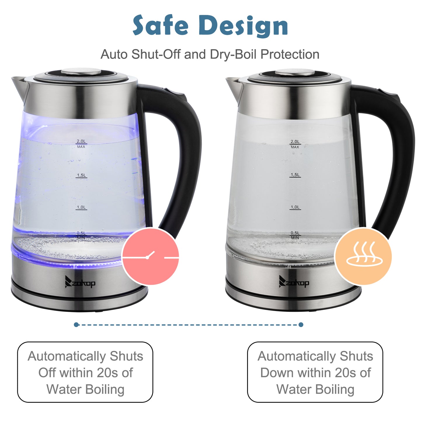 【Old Code:42128382】ZOKOP HD-250 220V 2000W 2L Blue Glass Electric Kettle