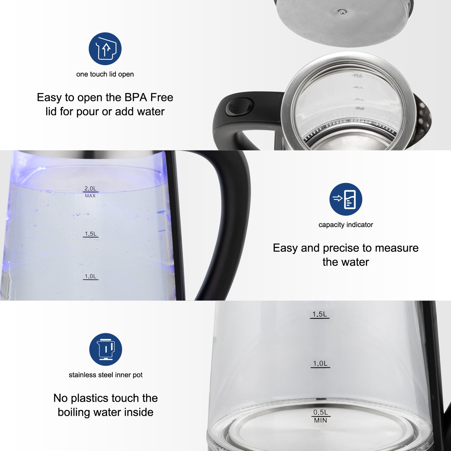 【Old Code:42128382】ZOKOP HD-250 220V 2000W 2L Blue Glass Electric Kettle
