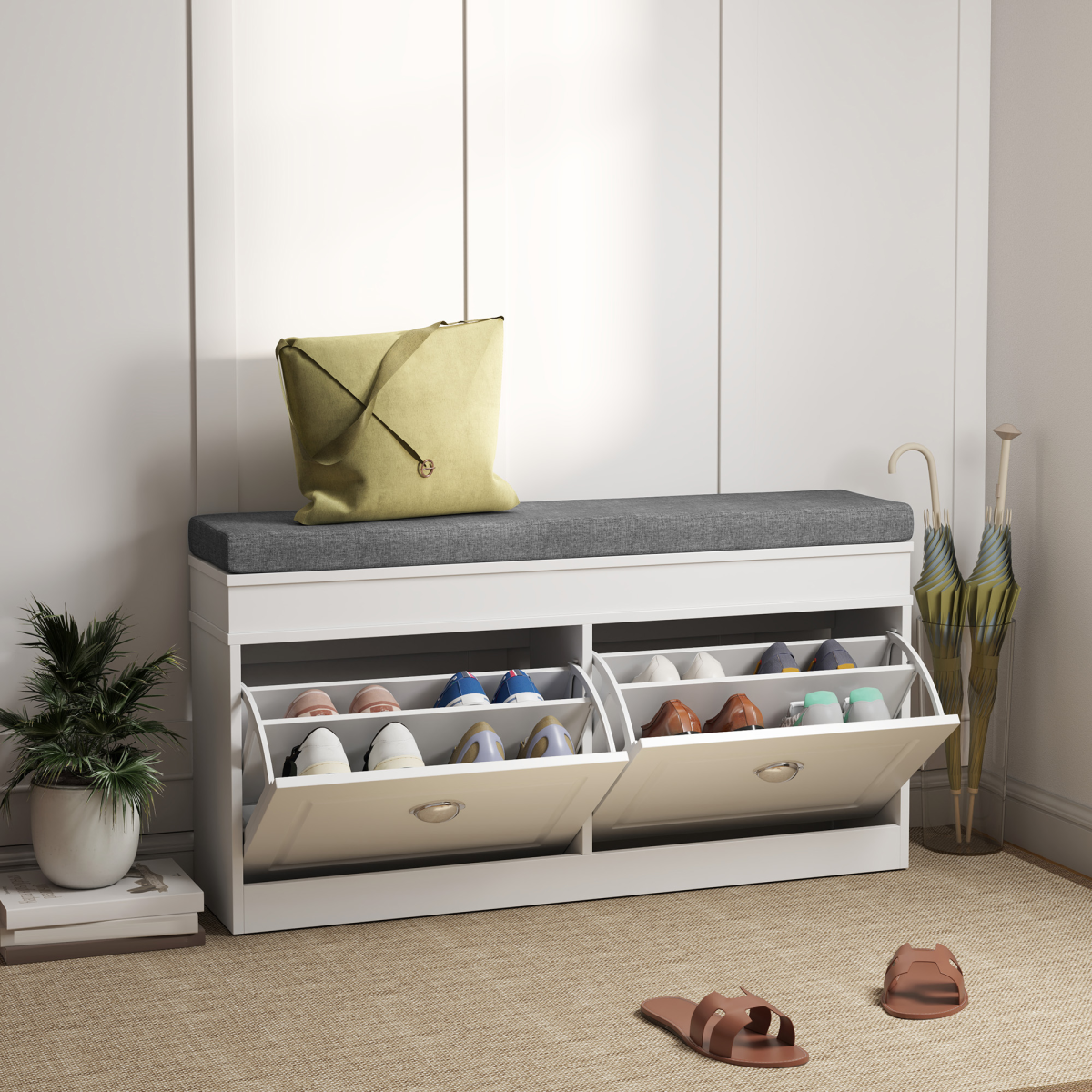 Shoe Storage Bench with Seat Cushion Cabinet Organizer with 2 Drawers