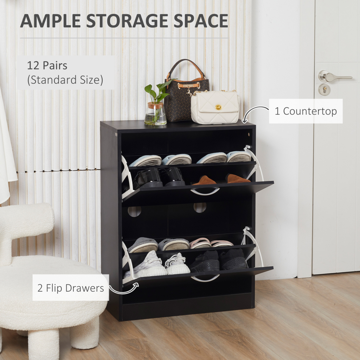 Shoe Cabinet Storage Cupboard 2-Tier Wood 12 Pairs Black