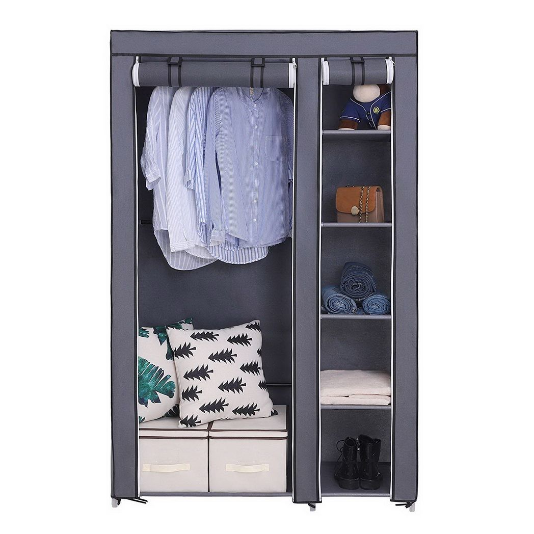 67" Portable Clothes Closet Wardrobe with Non-woven Fabric and Hanging Rod Quick and Easy to Assemble Gray