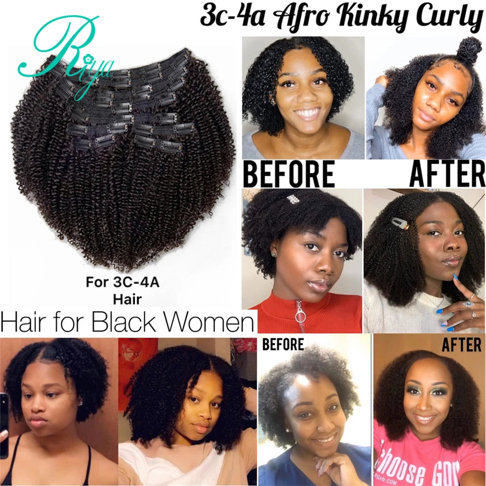Riya Hair Clips In Brazilian Human Hair Afro Kinky Curly Clip In Hair Extensions 8 Pieces And 120g/Set Natural Color Remy Hair