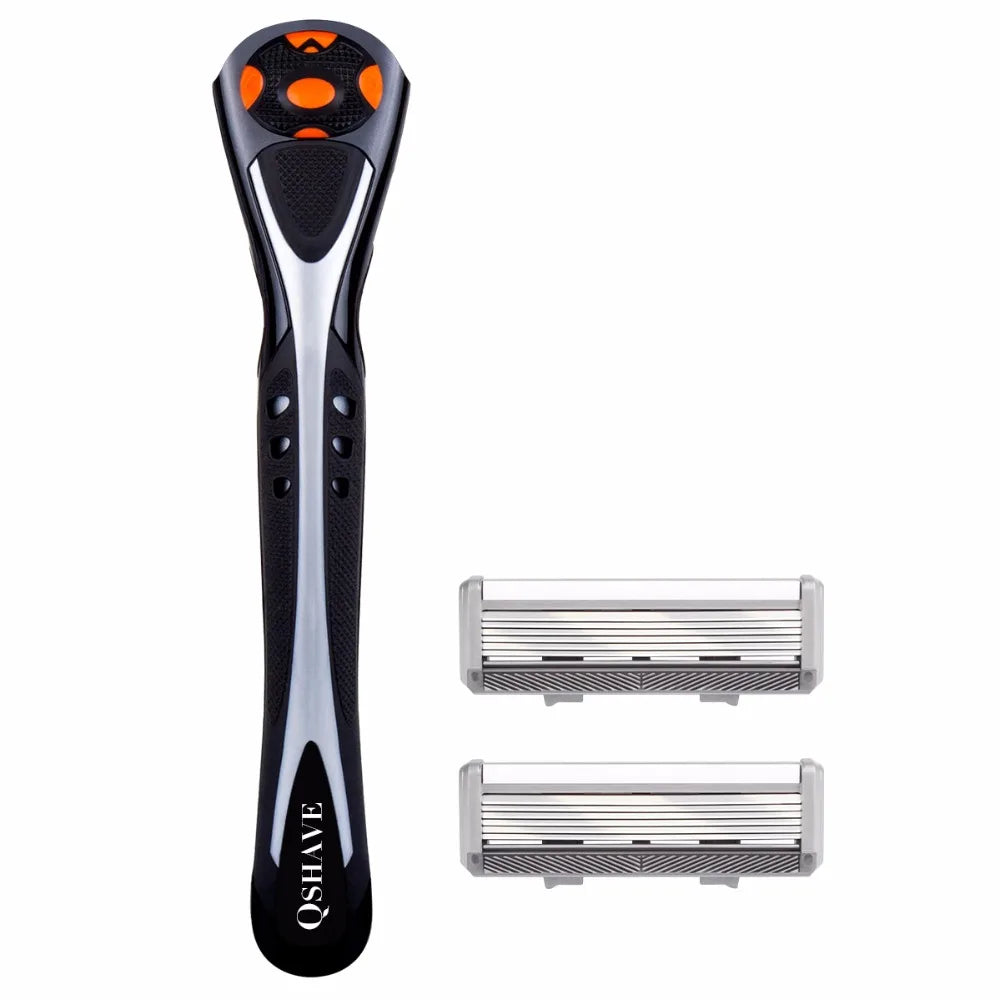 Qshave Black Spider New 6 Blade Razor Shaver for Man (1pc Handle, 2pc Germany X6 Blade)