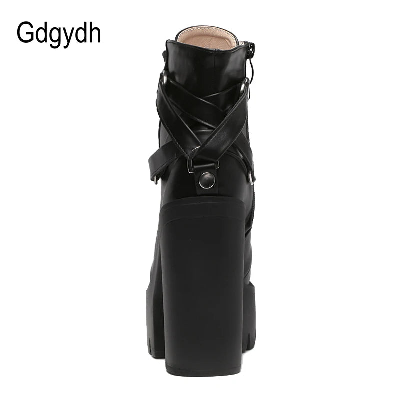 Gdgydh Fashion Black Boots Women Heel Spring Autumn Lace-up Soft Leather Platform Shoes Woman Party Ankle Boots High Heels Punk