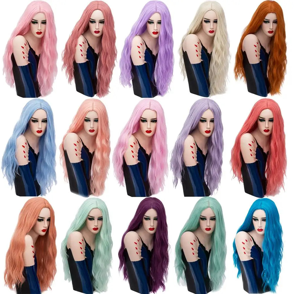 MSIWIGS 70CM Long Pink Wavy Wigs Cosplay Lolita Synthetic Women' s Blonde Wig 29 Colors Heat Resistant Hair