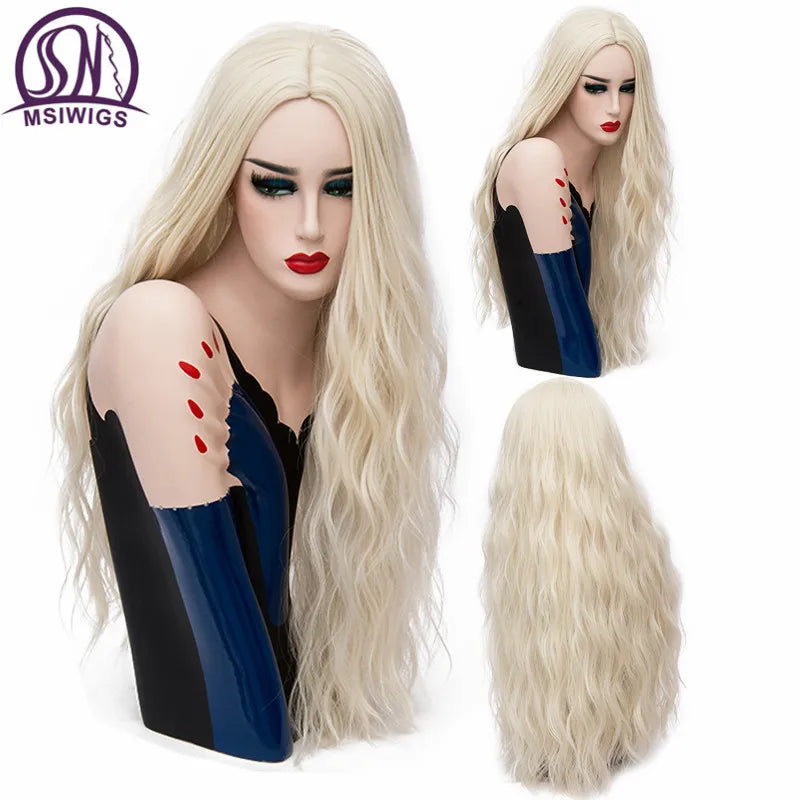 MSIWIGS 70CM Long Pink Wavy Wigs Cosplay Lolita Synthetic Women' s Blonde Wig 29 Colors Heat Resistant Hair