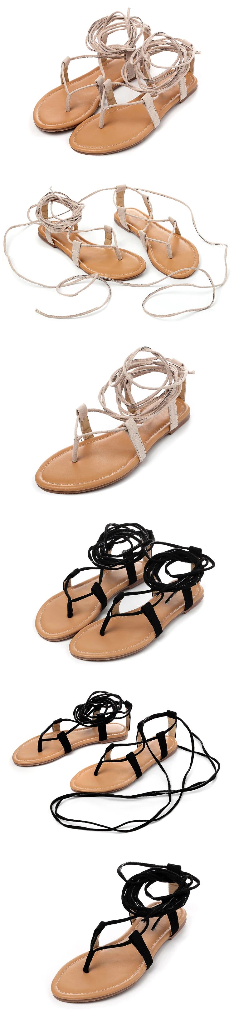 Eilyken Summer Roman Sandals Cross-Strap Tall Knee High Bondage Thong Flat Women Sandals Flip Flops Black Apricot