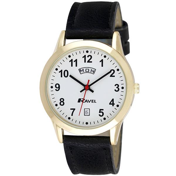 Ravel Mens Gilt Day/Date  Faux Leather Strap Watch R0706.19.1