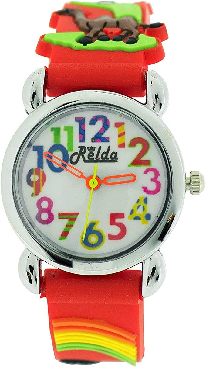 Relda Children's Big Number Analog 3D Zoo Animals Red Silicone Strap Girl's Watch REL106