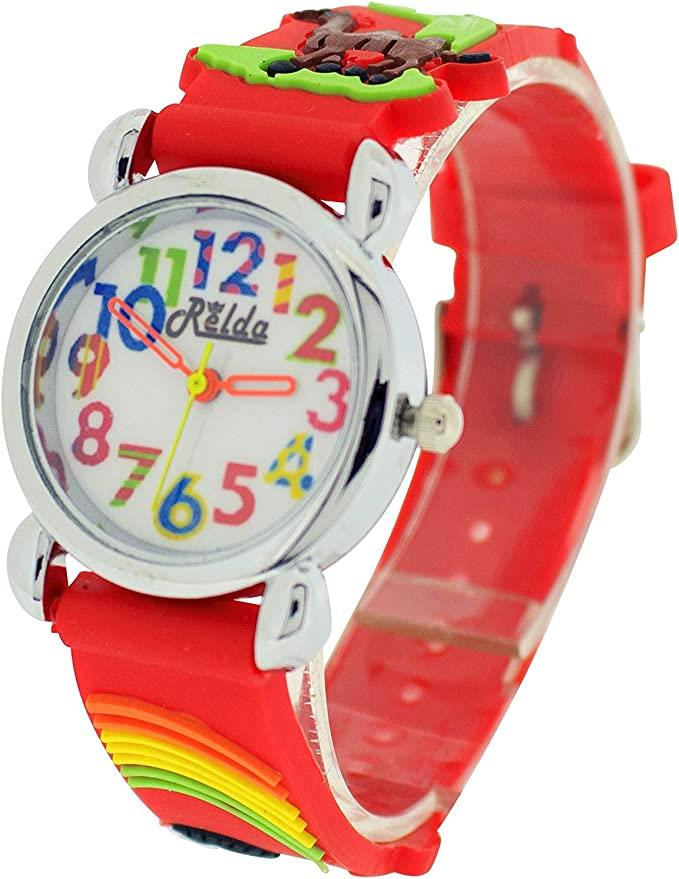 Relda Children's Big Number Analog 3D Zoo Animals Red Silicone Strap Girl's Watch REL106