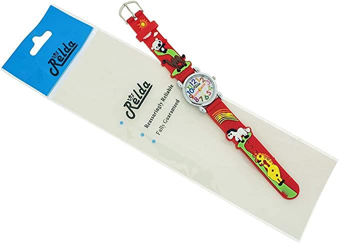 Relda Children's Big Number Analog 3D Zoo Animals Red Silicone Strap Girl's Watch REL106