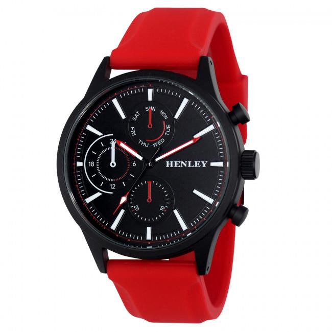 Henley Mens Multi Eye Black Dial With Sports Large Red Silicone Strap Watch H02222.10