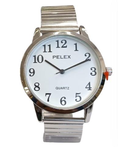 Pelex Mens Big number Silver Case White Dial Silver Bracelet Strap Quartz Watch