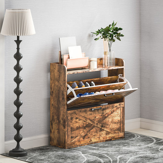 HOMCOM Narrow Shoe Cabinet Farmhouse Slim Shoe Storage Cabinet Rustic Brown