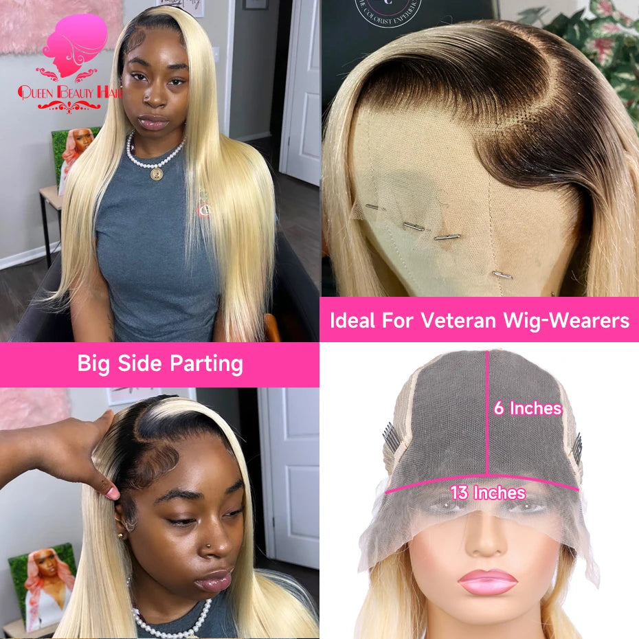 13x6 Lace Frontal Wig 1B 613 Ombre Blonde Full Lace Human Hair Wig Dark Roots Pre Plucked Lace Front Human Hair Wigs for Women