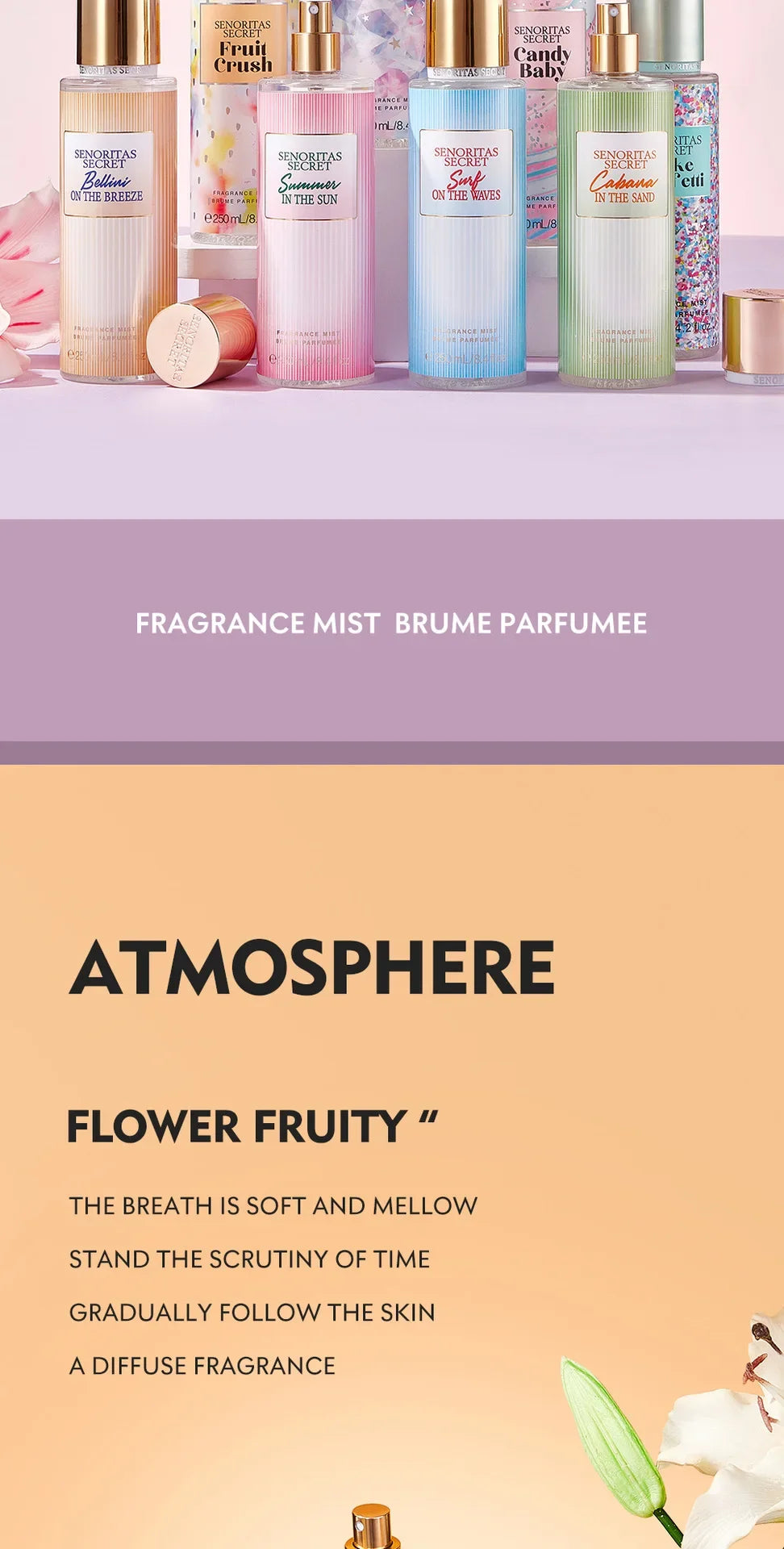 Body Spray Women's Fragrance Floral and Fruit Tone Lasting Fragrance Thailand's 250ml