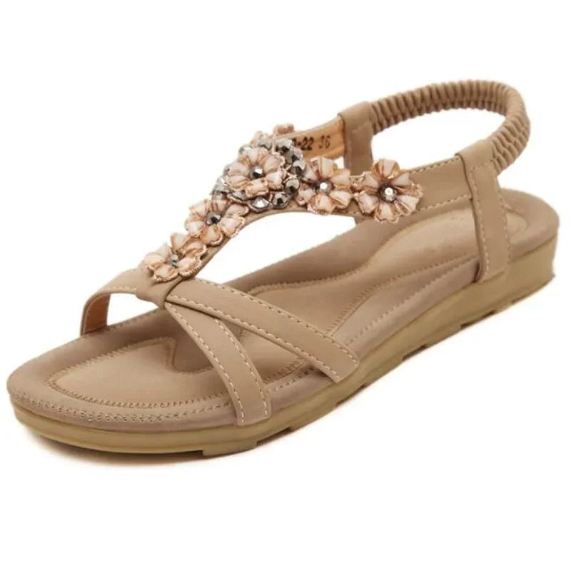 TIMETANGComfortable Flat Heel Sandals Women Large Size Summer Shoes Woman Bohemia Flowers Rhinestone Beach Ladies Shoes