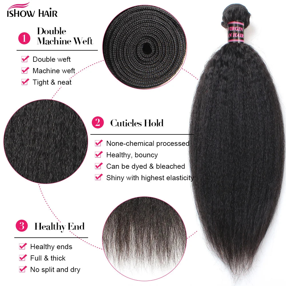 Ishow Kinky Straight Bundles Brazilian Yaki Straight Hair Bundles For Women 1/3/4pcs Human Hair Bundles Remy Hair Extension