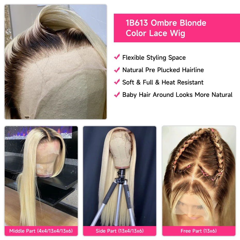 13x6 Lace Frontal Wig 1B 613 Ombre Blonde Full Lace Human Hair Wig Dark Roots Pre Plucked Lace Front Human Hair Wigs for Women