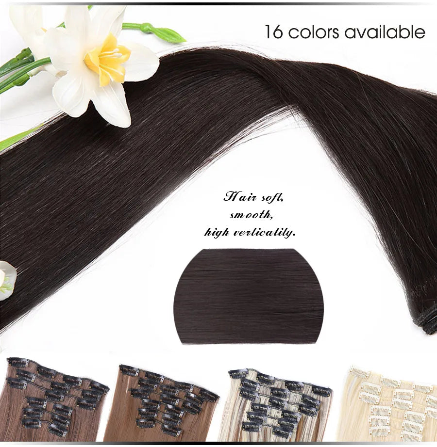 Alileader Synthetic Clip On Hair Extension 6Pcs/Set 22inch Straight Hairpiece Curly 16 Clips In Hair Ombre Heat Resistant Fiber