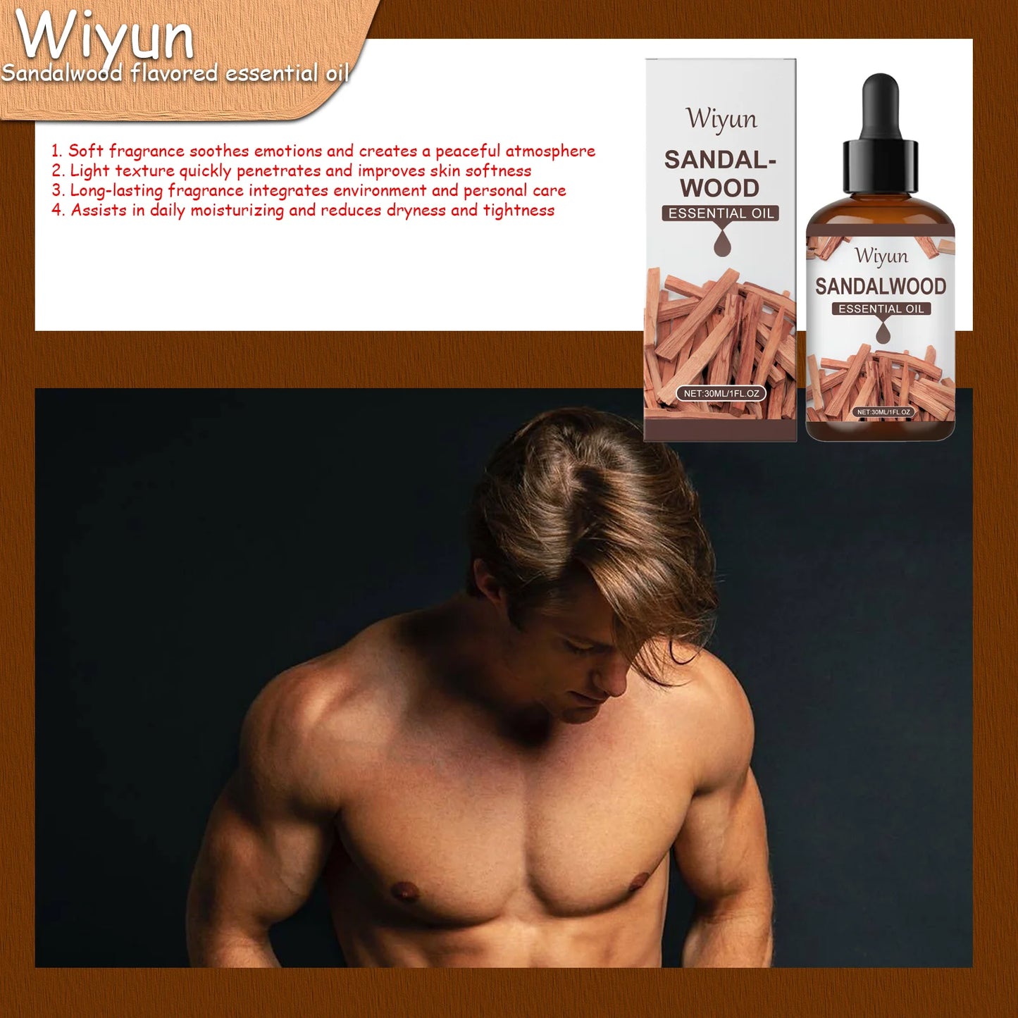 WIYUN Sandalwood Essential Oil Soft Fragrance Soothes Emotions and Creates a Peaceful Atmosphere 30ml