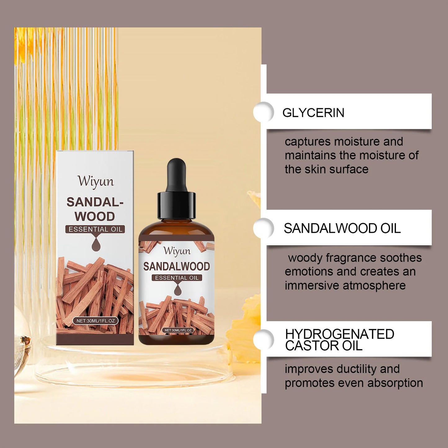WIYUN Sandalwood Essential Oil Soft Fragrance Soothes Emotions and Creates a Peaceful Atmosphere 30ml