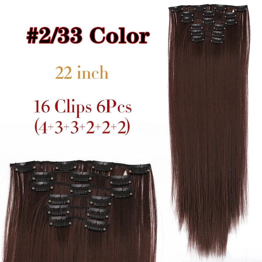 Alileader Synthetic Clip On Hair Extension 6Pcs/Set 22inch Straight Hairpiece Curly 16 Clips In Hair Ombre Heat Resistant Fiber