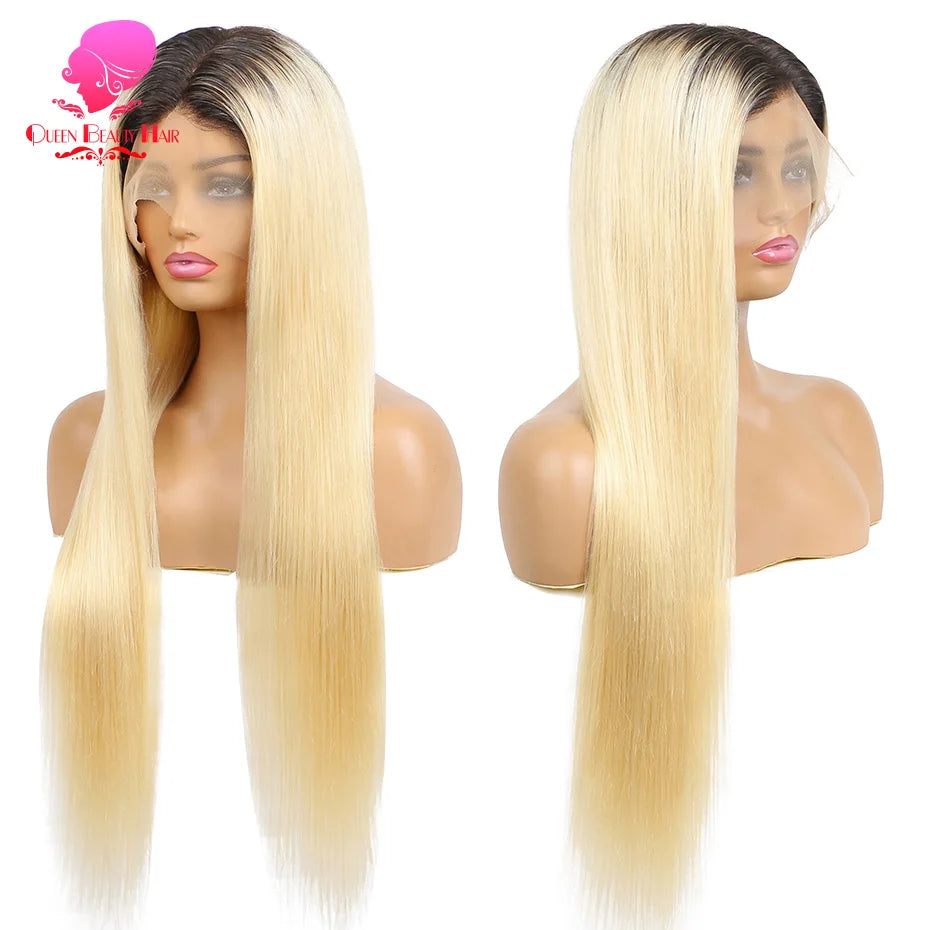 13x6 Lace Frontal Wig 1B 613 Ombre Blonde Full Lace Human Hair Wig Dark Roots Pre Plucked Lace Front Human Hair Wigs for Women