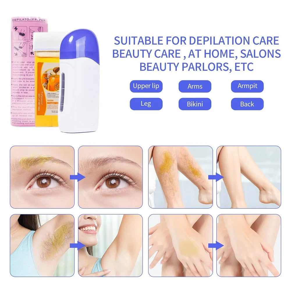Honey Epilatory Waxing Kit Depilatory Roll on Wax Heater Machine with Refillable Wax Cream&100PCS Waxing Papers For Hair Removal
