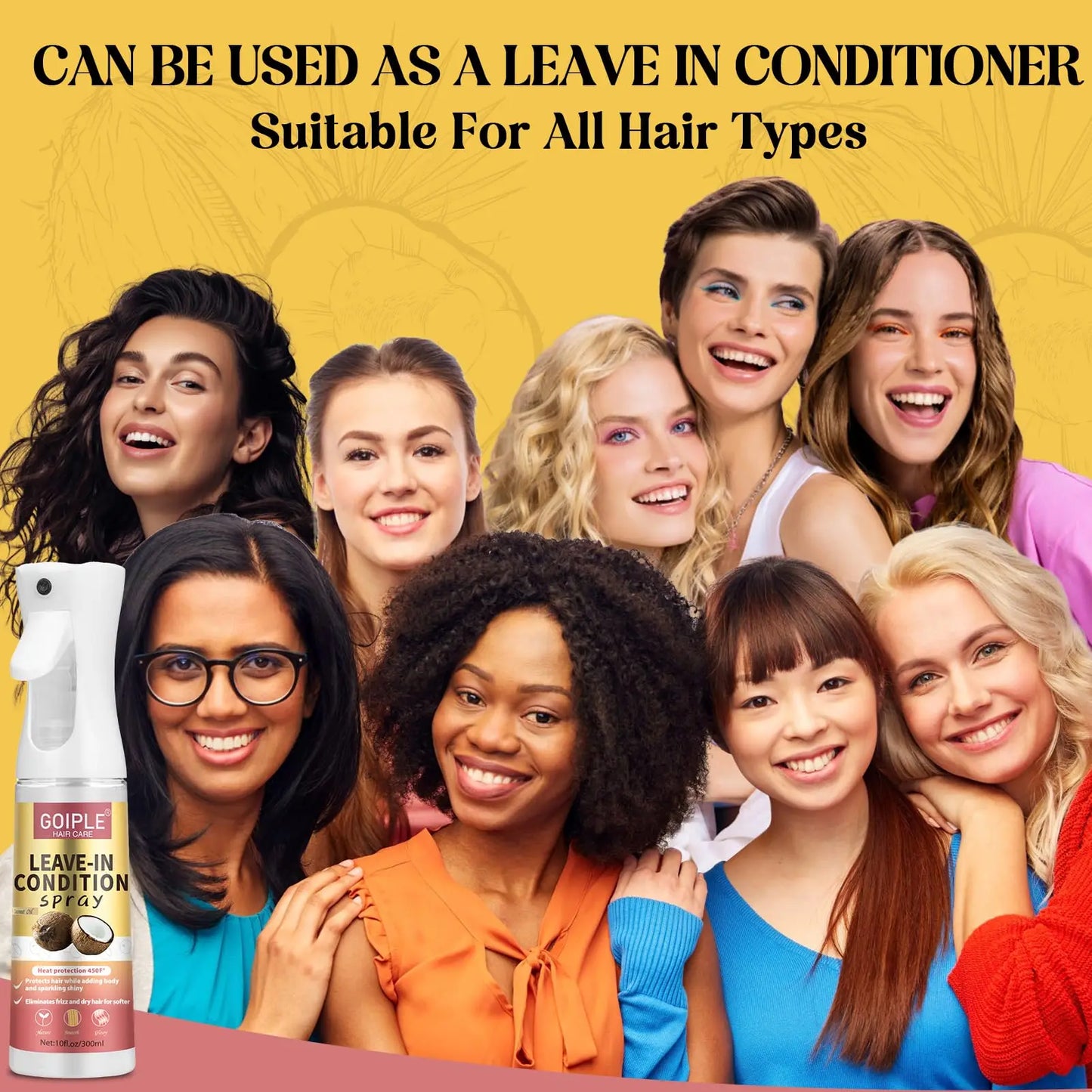 300ml Coconut Leave In Conditioner Spray for Curly Hair Smoothing Anti-Frizzle Soften Hair Protection Spray for Heat Damaged