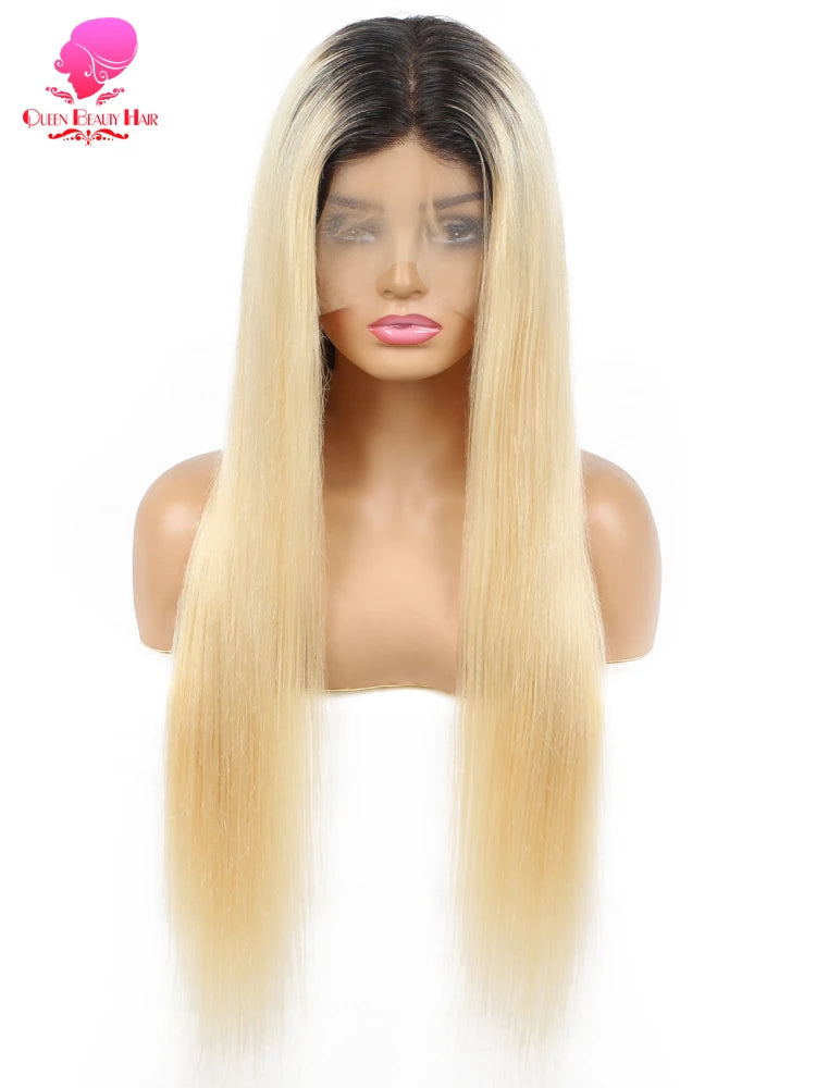 13x6 Lace Frontal Wig 1B 613 Ombre Blonde Full Lace Human Hair Wig Dark Roots Pre Plucked Lace Front Human Hair Wigs for Women