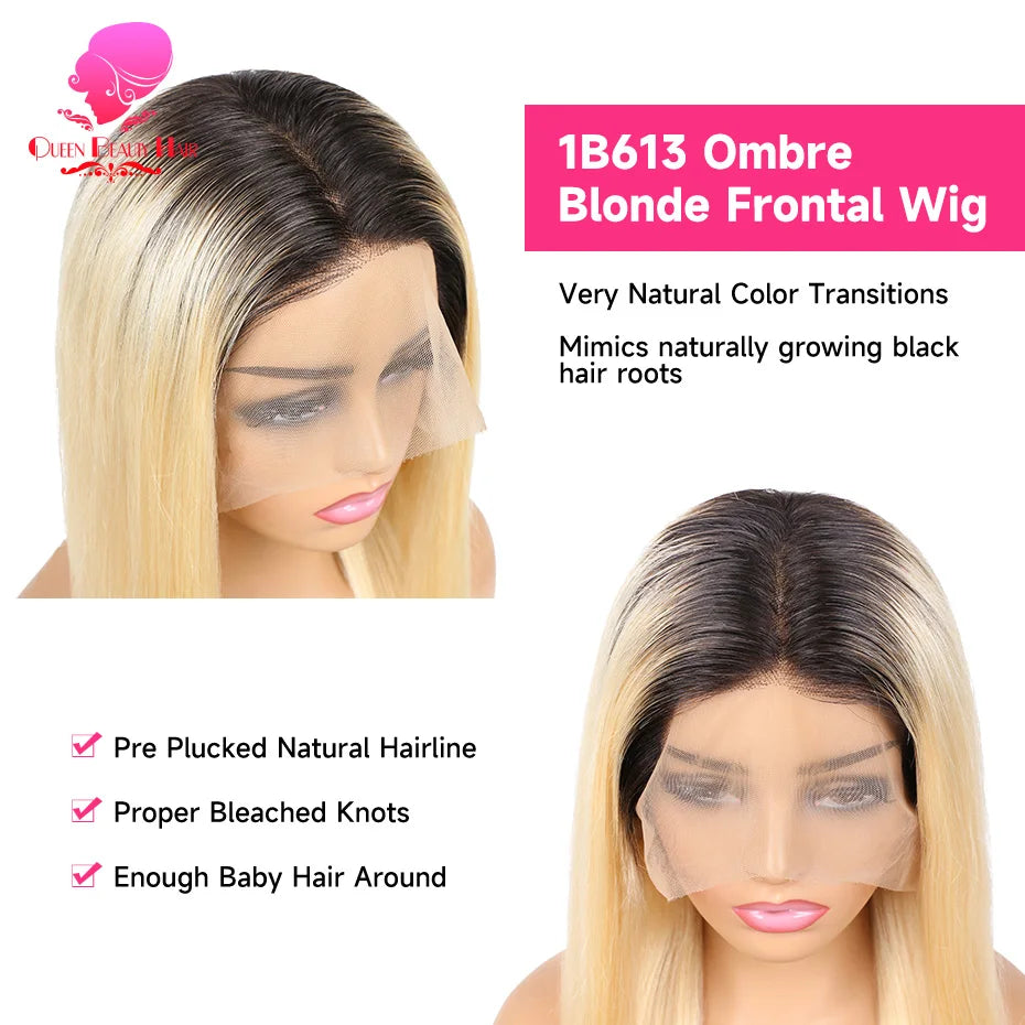 13x6 Lace Frontal Wig 1B 613 Ombre Blonde Full Lace Human Hair Wig Dark Roots Pre Plucked Lace Front Human Hair Wigs for Women