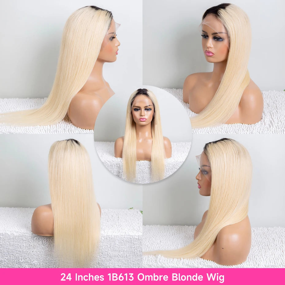 13x6 Lace Frontal Wig 1B 613 Ombre Blonde Full Lace Human Hair Wig Dark Roots Pre Plucked Lace Front Human Hair Wigs for Women