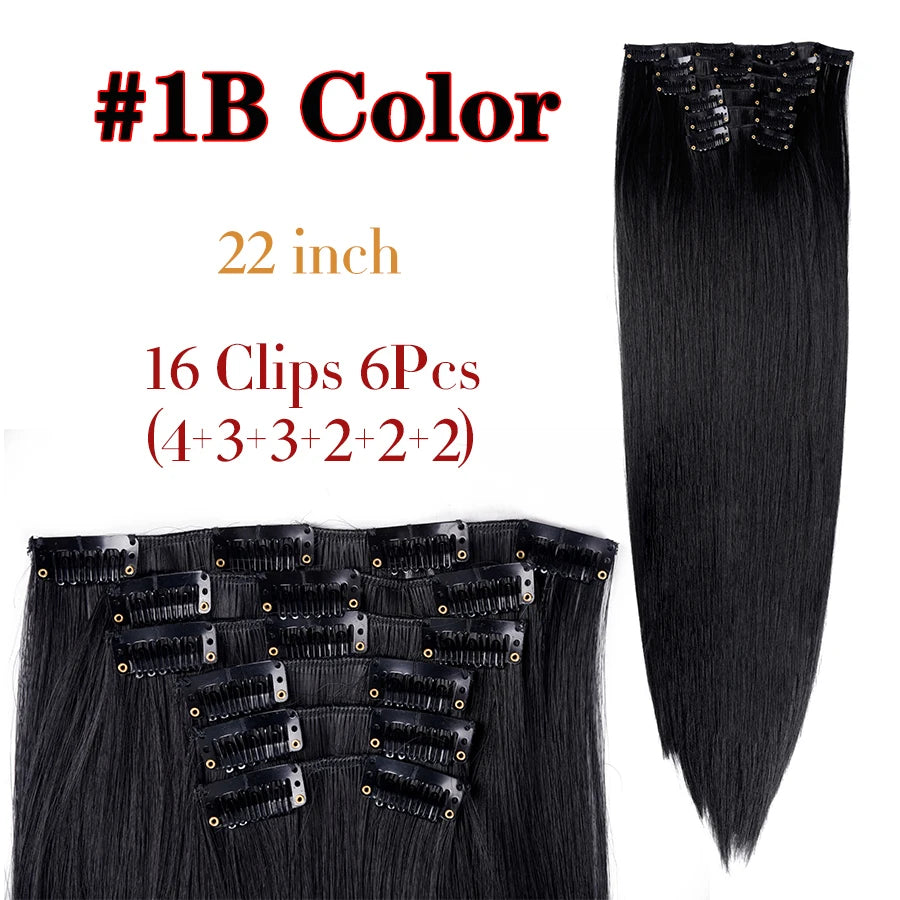 Leeons 16Clips Long Straight Synthetic Clip On Hair Extensions Cheveux Clip Naturel High Temperature Fiber Black Brown Hairpiece