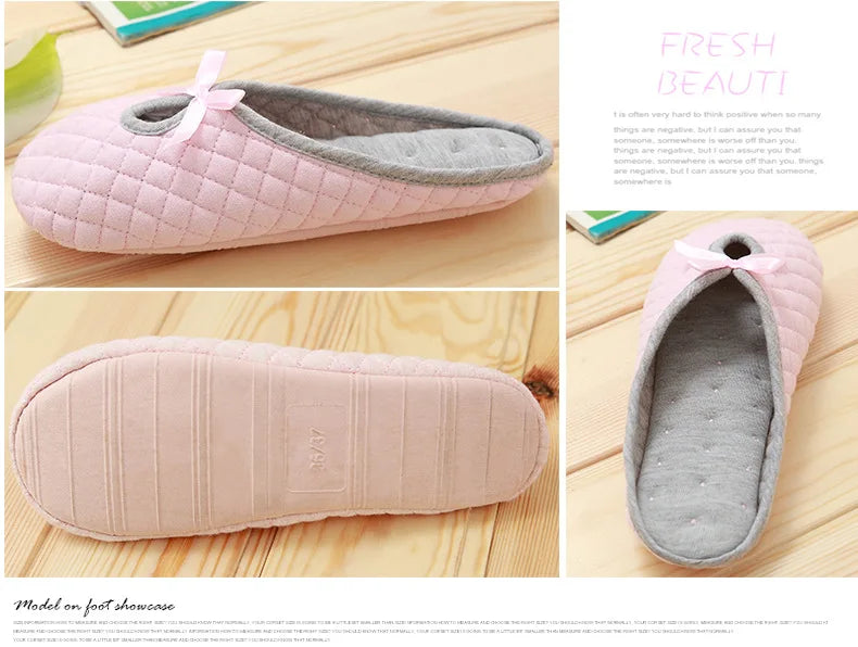 Lovely Bowtie Winter Women Home Slippers For Indoor Bedroom House Soft Bottom Cotton Warm Shoes Adult Guests Flats