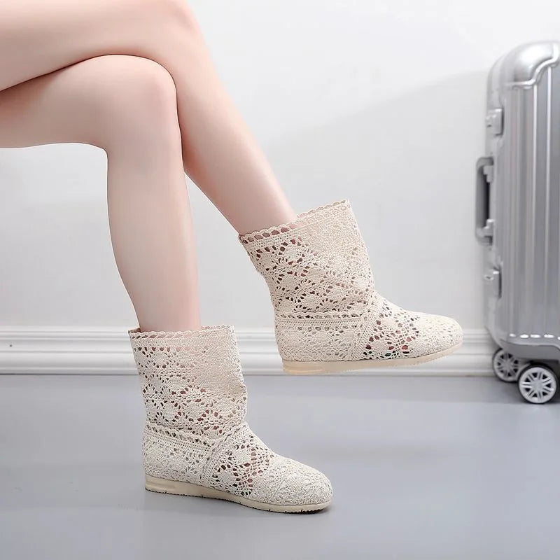 Summer Shoes Breathable Mesh Summer Boots Women Flat Heel Ankle Botas Womens Boots Fashion Cut-Outs Brand ZH262
