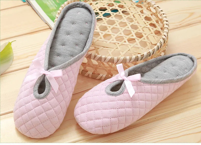 Lovely Bowtie Winter Women Home Slippers For Indoor Bedroom House Soft Bottom Cotton Warm Shoes Adult Guests Flats