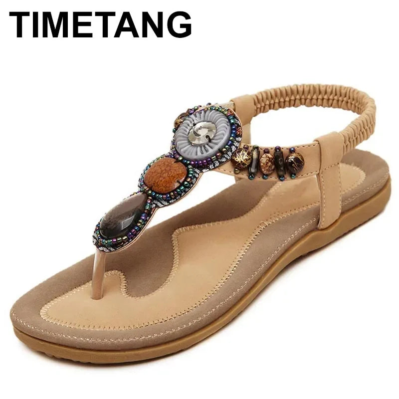 TIMETANG Plus Size 35-42 Sandals Women PU Flip Flops Casual Shoes Woman Beading Elastic Band Sandale Femme Fashion Flats