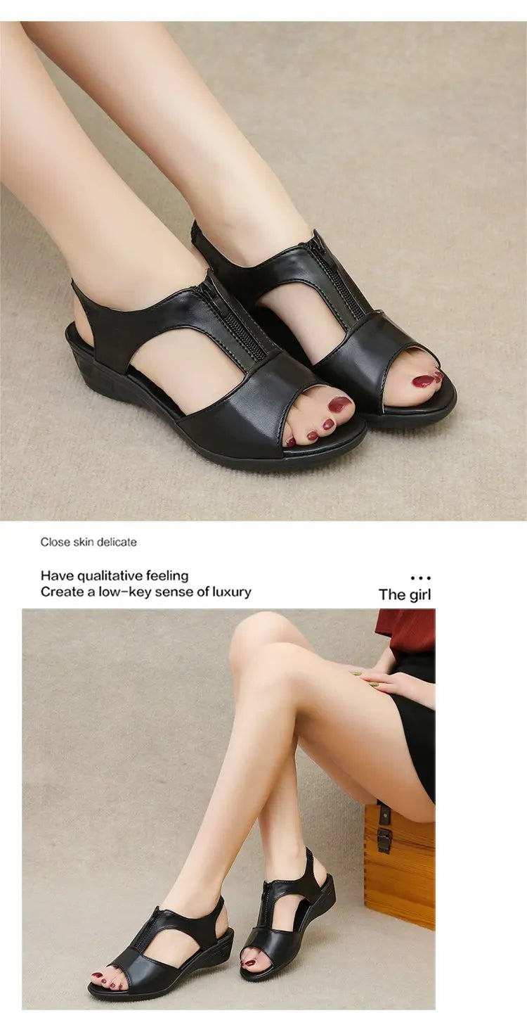 WOIZGIC Women Old Mother Laides Female Sandals Platform Shoes PU Leather Non Slip Beach Summer Cool Zipper Size 35-41 PGP-1153