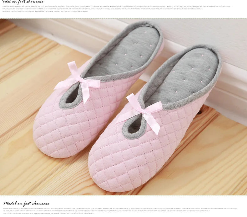 Lovely Bowtie Winter Women Home Slippers For Indoor Bedroom House Soft Bottom Cotton Warm Shoes Adult Guests Flats