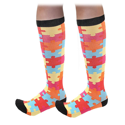 Flo Fashion Bright Pattern Knee-High With Nylon, Yarn & Spandex Compression Sock, Puzzle, L/XL