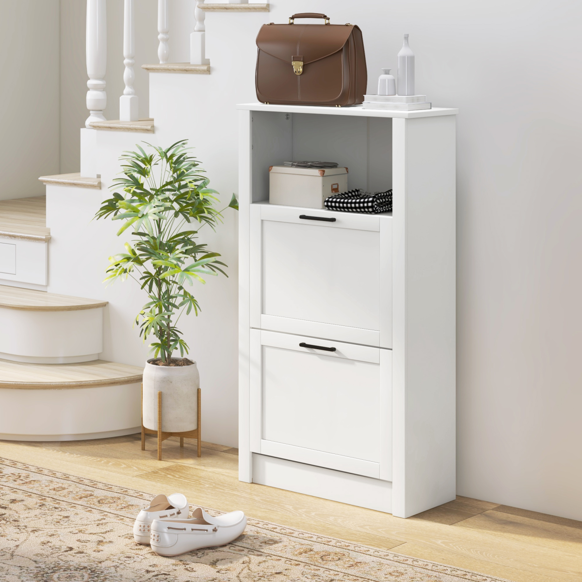 HOMCOM Modern Shoe Cabinet with 2 Flip Drawers and Adjustable Shelves, White