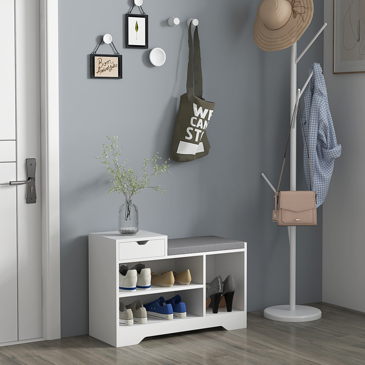 HOMCOM Upholstered Entryway Shoe Bench with Storage Drawer Open Shelf White