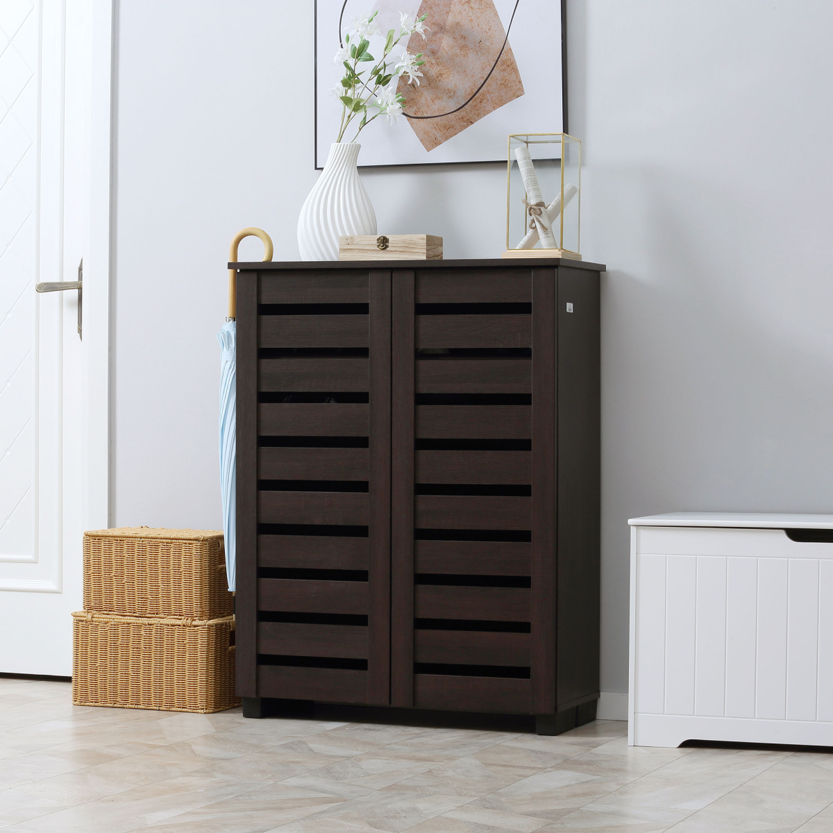 HOMCOM Shoe Storage Cabinet with Slatted Doors for 15 Pairs of Shoes Brown