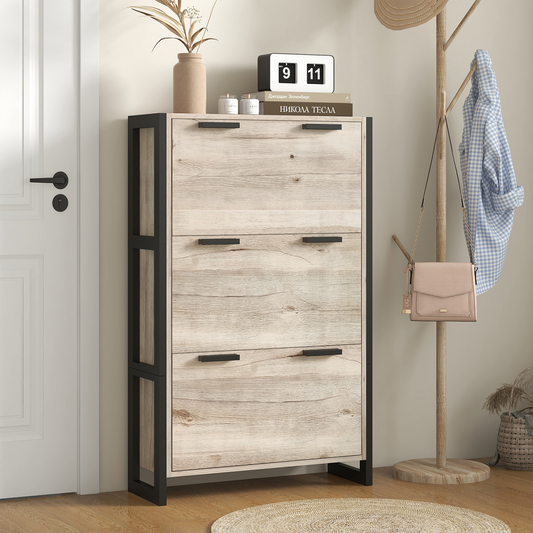 HOMCOM Entryway Shoe Cabinet with 3 Flip Drawers Adjustable Shelves Wood Handles