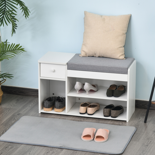 Multi-Storage Shoe Bench Drawer 3 Compartments Cushion Home Boots White