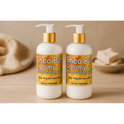 2 bottle of Shea Butter Creamy Lotion for Body (250ml) with Neroli and Ylang Ylang Essential Oils. Great Moisturising Lotion for Stretchmarks and Dry Skin