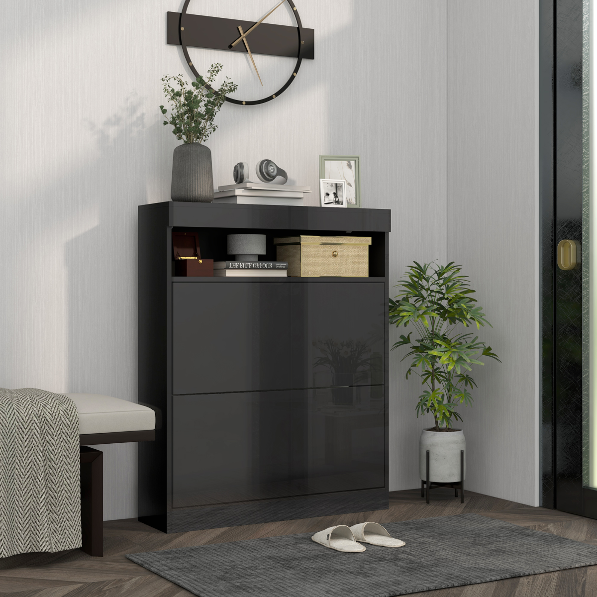 HOMCOM Wall Mounted or Freestanding Shoe Cabinet with 2 Flip Drawers, Black